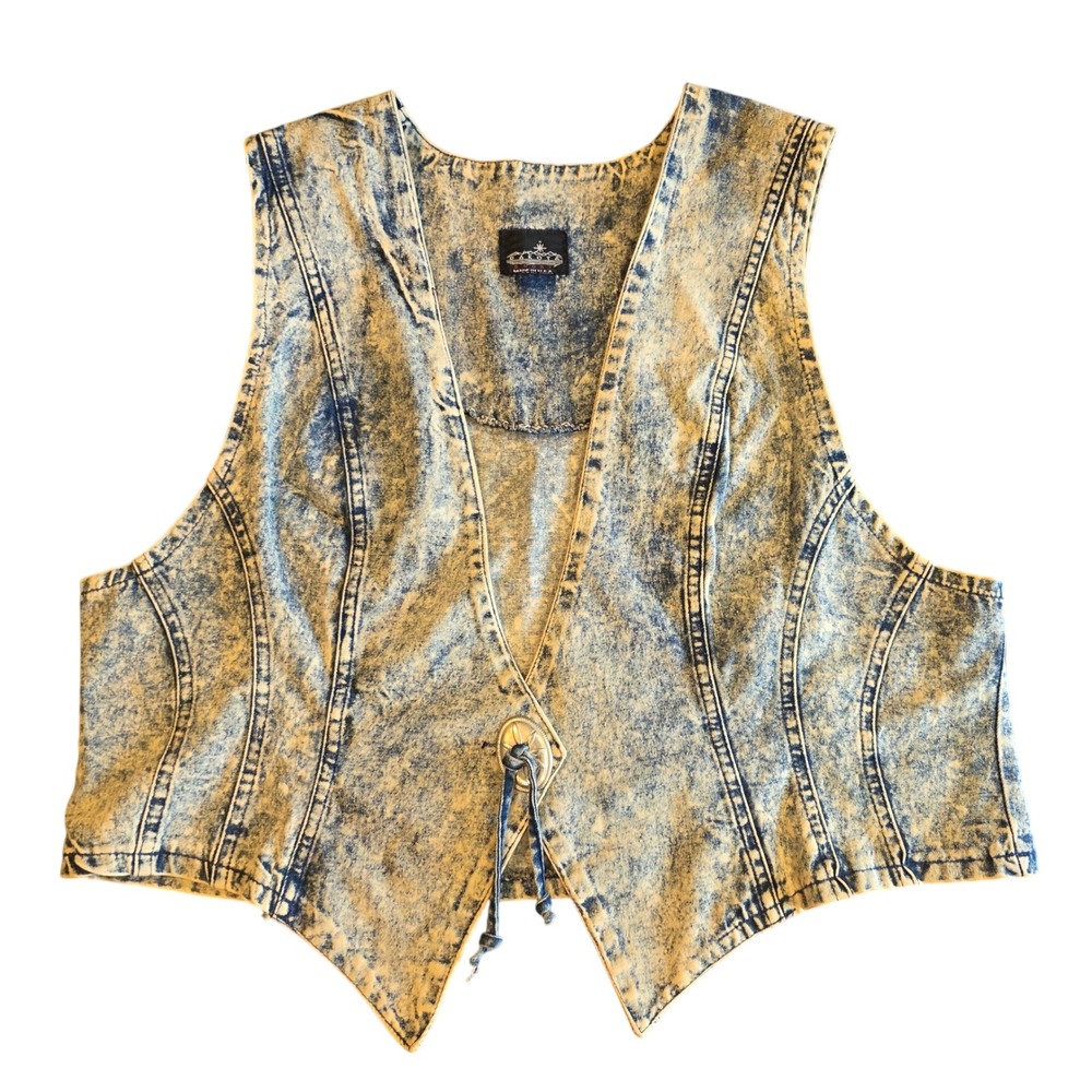 Vintage 80s Dakota Sport Acid Wash Denim Vest Made in USA Western Cropped XL
